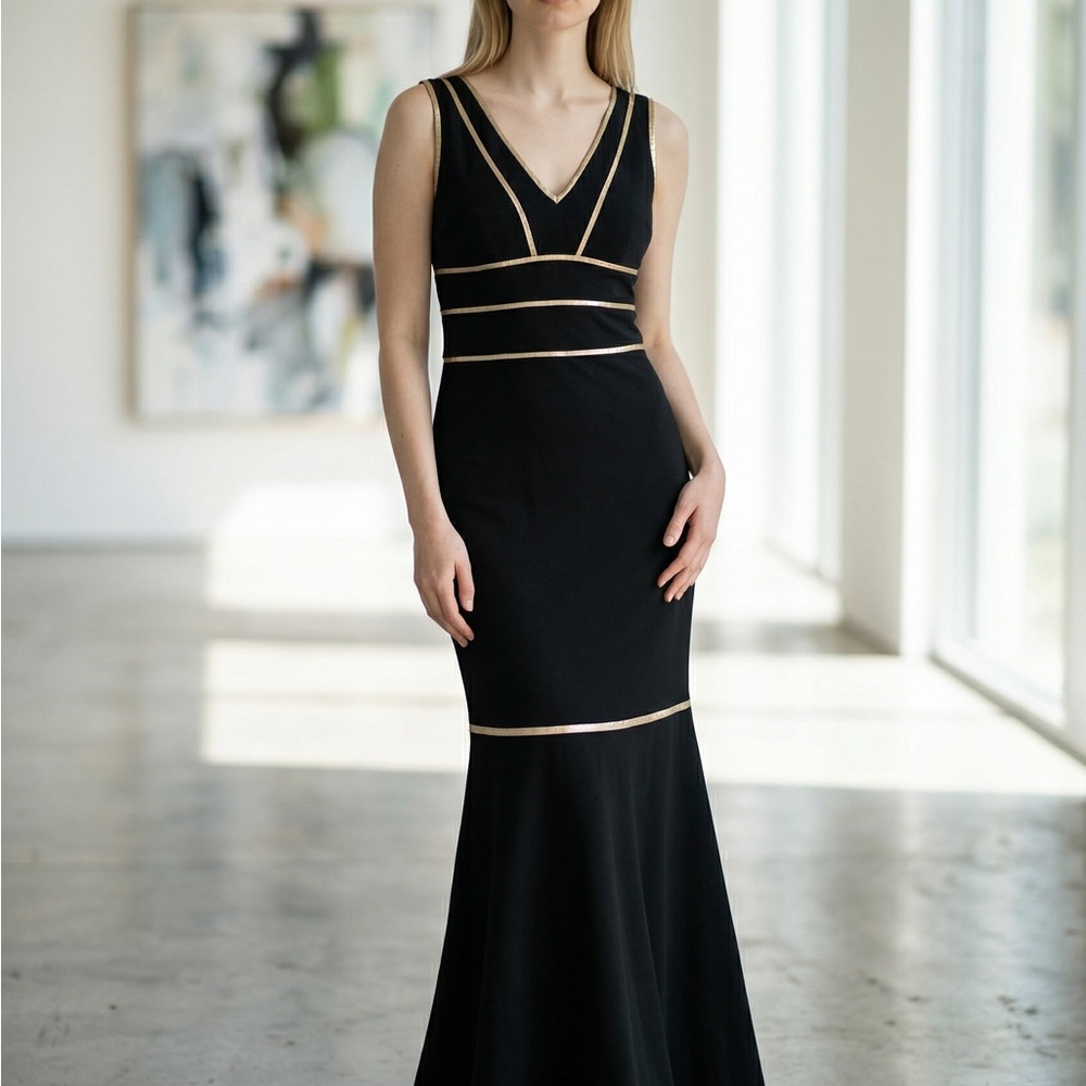 Elegant Black V-Neck Evening Gown with Gold Trim